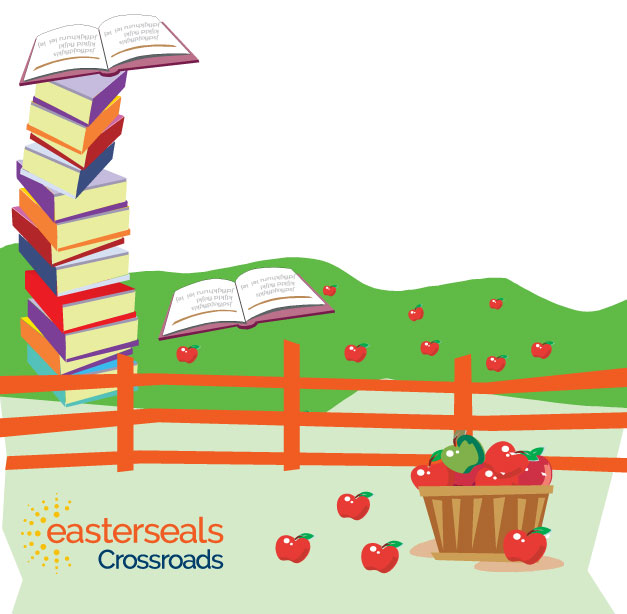 image of books, apples for family fun day