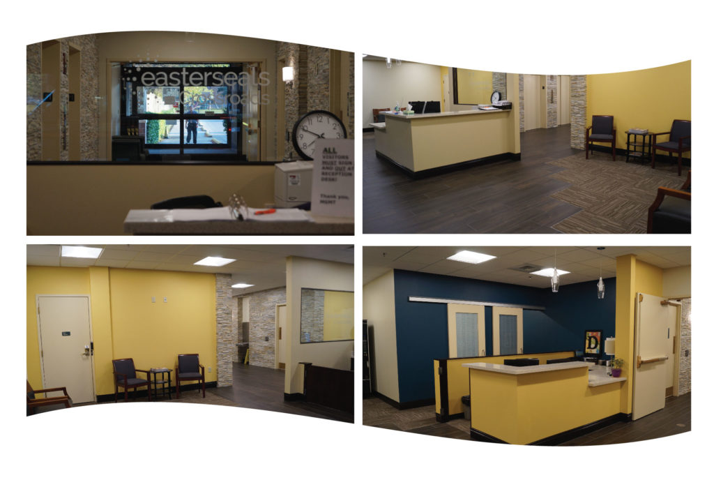 4 images of the lobby area at Easterseals Crossroads main location