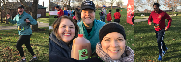 3 photos of volunteers and runners at Hot Cider Hustle 2017