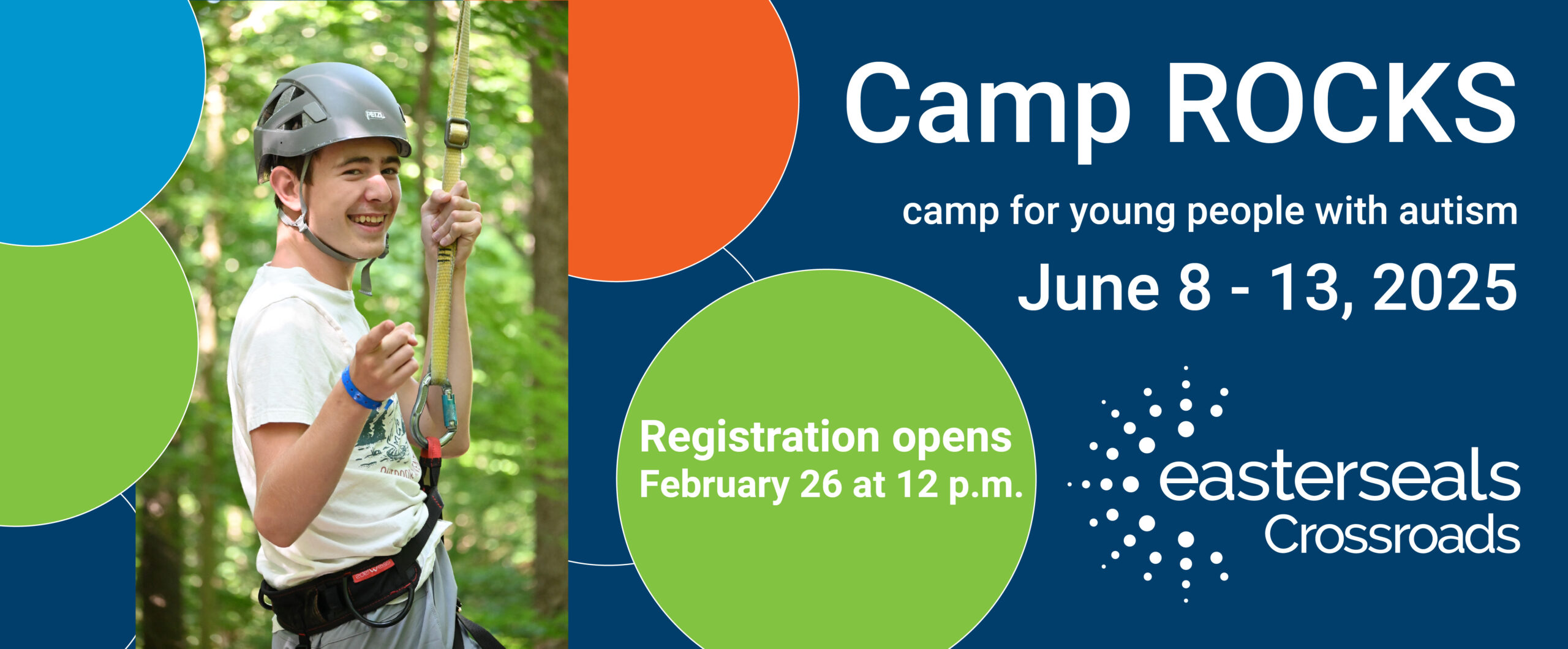 young man on zipline with thumb up smiling and words camp rocks registration opens February 26 2025 at noon