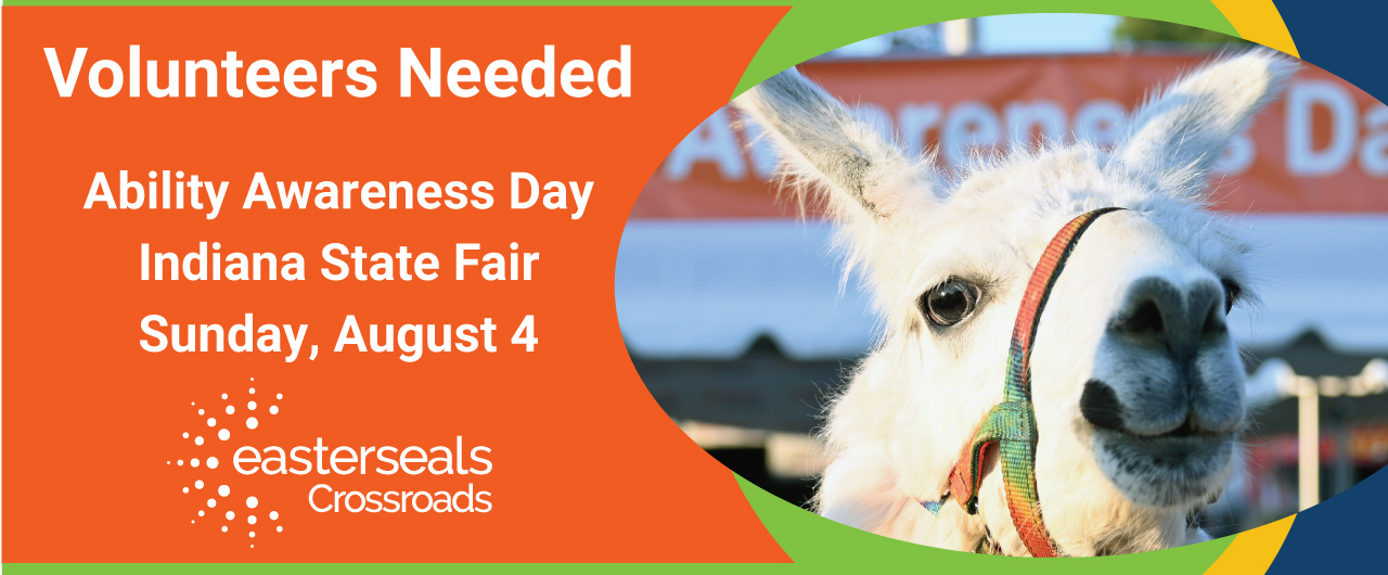 image of a llama, words volunteers needed for Ability Awareness Day at the Indiana State Fair on August 2 2024